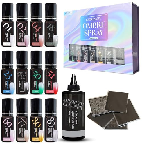 LÉBOZART Set mit 12 semi-permanenten Nagellacken, UV-Gel, Airbrush – Nail Art – schnell trocknend – UV/LED – hohe Pigmentierung – Maniküre – Airbrush Reiniger – Schablone