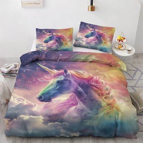 SUWALI Einhorn Bettwäsche 155x220, Fantasie Sternenhimmel Motiv Bettbezug und 1 Kissenbezug 80x80 - Weiche Kuschelige Mikrofaser Wendebettwäsche 2tlg mit Reißverschluss, Allergiker Geeignet