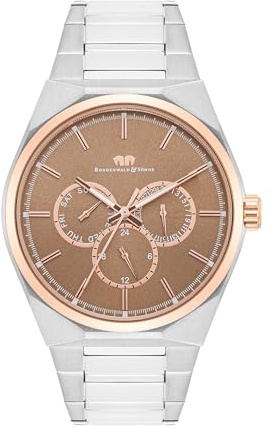 Rhodenwald & Söhne Herren Uhr Edelstahl roségold/Silber Quarzwerk 5 ATM | Edelstahl Armband, silber, Gliederarmband, Multifunktion(en), Zifferblatt bronze, Mineralglas, Armbanduhr