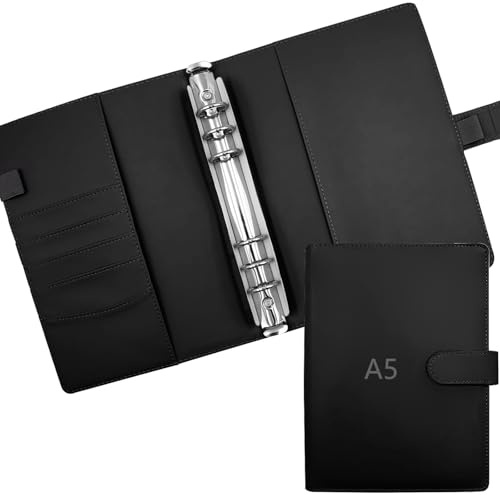 ROEOWENE A5 Ringbuch 6 Loch Nachfüllbar Binder Notebook Ringbuch Abdeckung | PU Leder Loseblatt Notizbuch Kompatibilität mit Budgetblätter,Binder Taschen,Bindekarte Sammler,Fotokartenalbum-Schwarz