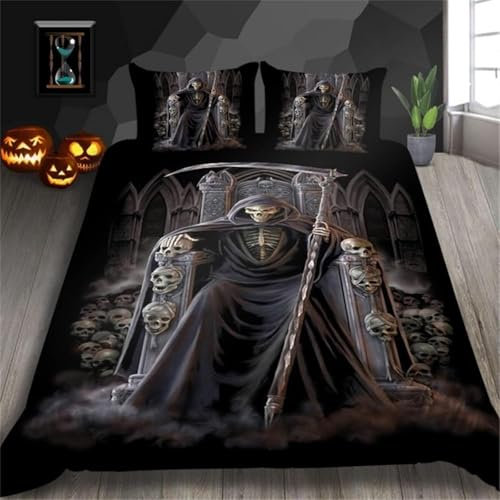 ZZTBQ Schädel Muster Bettwäsche-Set für Kinder 135x200 2teilig Gothic Totenkopf Sensenmann Thron Kinderbettwäsche 1 Bettbezug 135x200 cm + 1 Kissenbezüge 80X80 cm, Halloween Schwarz Grau Skelett