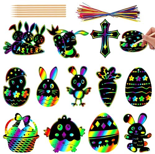 IHLOOTD Kratzbilder für Kinder Ostern 36 Stück Scratch Art Papier Rainbow Scratch Art Ostereier Hasen Form Ostern Deko Bastelset für DIY, Osterparty Dekorationen