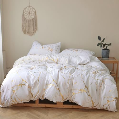 Gezu Bettwäsche 135x200cm 4teilig Weiß Gold Marmor Glitzermuster Bettwaren-Sets Gebürstet Mikrofaser Weiche Wendebettwäsche Luxus Bettbezug mit Reißverschluss und 2 Kissenbezug 80x80cm