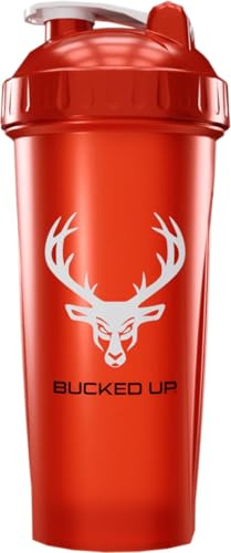Bucked Up Perfect Shaker Bottle, 28oz, BPA-Free, Dishwasher Safe, Leak-Proof, Red Bottle with White Buck Logo