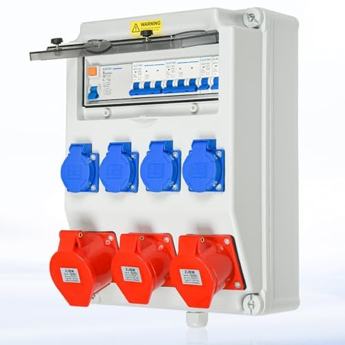 Warmfay Wandverteiler Stromverteiler Vorverkabelt, 4x 230V + 2x CEE 16A + 1x CEE 32A, Baustromverteiler mit FI-Schalter 50A und LS Schalter, IP67 Wasserdicht Gehäuse für Innen und Außen
