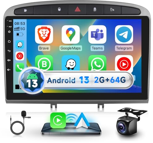 2G+64G CarPlay Autoradio per Peugeot 308/408 (2007-2015), 9 pollici Touchscreen Android 13.0 Radio con Wireless Carplay Android Auto DSP BT GPS Specchio FM RDS USB Telecamera di retromarcia