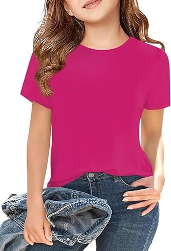 Haloumoning T-Shirt Ragazze Estate Maniche Corte Tops Bambini Tshirts Unicolore Casual Sport Collo Rotondo Tees Tops, Rosa, 120