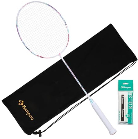 KUMPOO Badmintonschläger Professionell, Badmintonschläger-Set aus Kohlefaser mit Abdeckung und Ersatzgriff, 4U Pro Schläger leicht für Bgeinners Outdoor-Spiele, Training, Weiß