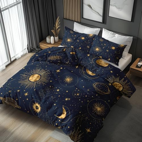 Generisch Himmlisch Bettwäsche 135x200 Sonne Mond Sterne Motiv 2tlg, Weiche Mikrofaser Bettbezug & 1 Kissenbezug 80x80, Wendebettwäsche für Schlafzimmer Deko, Geschenke (C43)