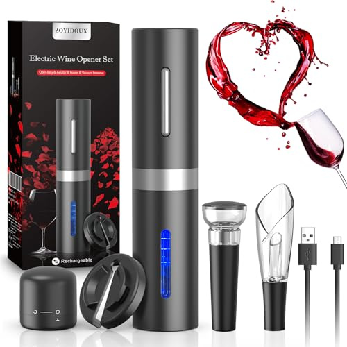 ZOYIDOUX 6-in-1 Rechargeable Electric Wine Opener Gift Set with USB-C – Includes Foil Cutter, 2 Vacuum Stoppers and 2-in-1 Wine Pourer & Aerator Decanter – for Wine Lovers