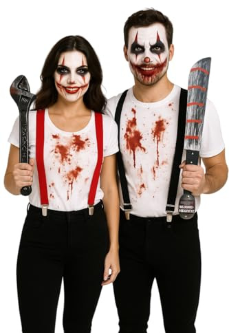 labreeze Fake Bloodied Machete 50cm, Fake Bloodied Wrench, Black Braces & Red Braces Set for Couples – Halloween Horror Fancy Dress Costume Accessories