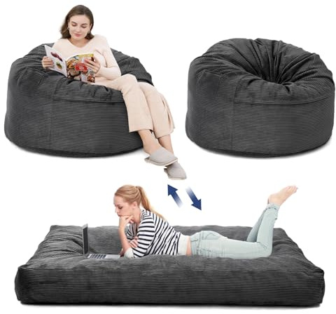Sitzsack-Bett 190x135x25 cm, Umwandelbar Von XXL Sitzsack-Sessel Zu Bett, Mit Waschbarem Cordbezug, Komfortabler Schaumstoff-Füllung & Seitentasche, Für Wohnzimmer Schlafzimmer Gaming, Dunkelgrau