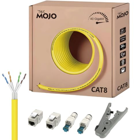 Tecmojo CAT8 S/FTP 20m 40Gigabit LAN-Ethernet-Netzwerkkabel, PiMF Reinkupferleiter 22AWG mit Schirmung LSZH DCA, mit Kabelwerkzeug, RJ45-Feldsteckern und Keystone-Buchsen, Gelb