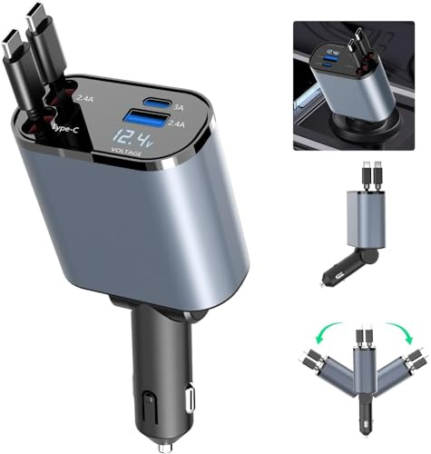 60W Retractable Car Charger, 4-in-1 Car Charger Adapter with Retractable Cables and Voltage Display, For 12V/24V Vehicles