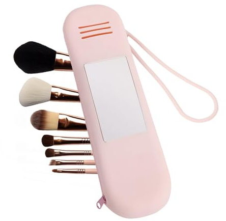 Silicone Makeup Brush Holder with Mirror, Waterproof Travel Cosmetic Bag with Zipper for Brushes, Lipstick, Toiletries | Eco-Friendly Organiser (Pink)