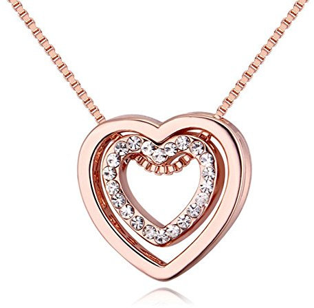 Bungsa Kette Herz in Herz für Damen 45cm Rosegold Farben - Offener Anhänger mit strahlendem klaren Strass Besetzt - Damenkette Halskette Steinchen - Necklace redgold Crystals Liebe Love Amore