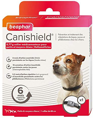 BEAPHAR - CANISHIELD 0,77 g – 1 collier médicamenteux antiparasitaire pour petits et moyens chiens – Substance active : Deltaméthrine - Agit contre les tiques, les puces et les phlébotomes – 48 cm