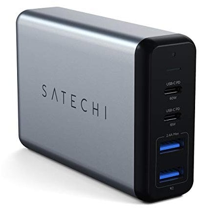 SATECHI 75W Dual Type C PD Travel Charger Adapter with 2 USB-C PD & 2 USB 3.0 - Compatible with MacBook Air & Pro M5 M4 M3, iPad Air & Pro M5 M4 M3, iPhone 17, 16, 15 to 12 Series, Android, Windows