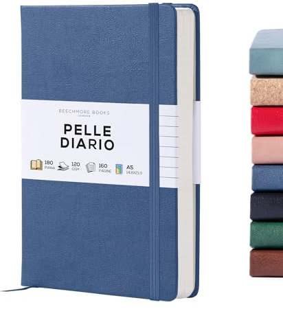 Beechmore Books Taccuino a Righe - A5, Blu I Diario di Qualità con Copertina Rigida in Pelle Vegana, Carta Color Avorio Spessa 120g/m², Confezione Regalo, Per Scrittori, Giornalisti e Studenti