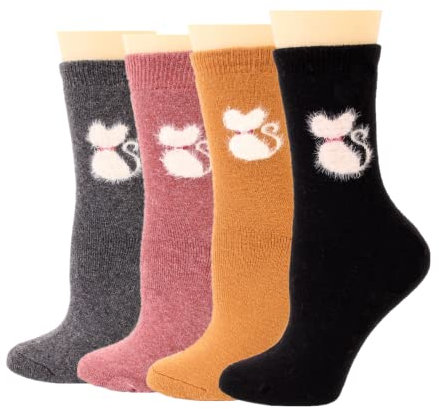 WYMAODAN Chaussettes en laine pour femmes, chaussettes pour chat romanes et mignonnes adaptées aux femmes et aux filles (4paires)