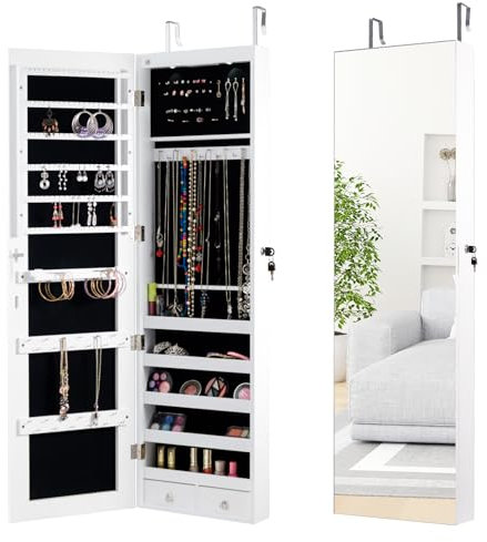 RELAX4LIFE Specchio Portagioie da Terra, Armadietto per Gioielli con Luce LED, Specchio a Figura Intera, Specchiera Portagioie per Camera da Letto, 33,5 x 10 x 120 cm (Bianco)