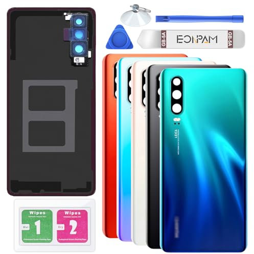 Eonpam Akkudeckel für Huawei P30 Rückseite Glas Original Backcover Back Glas Ersatz Reparatur Set mit Kameraobjektiv (Aurora)