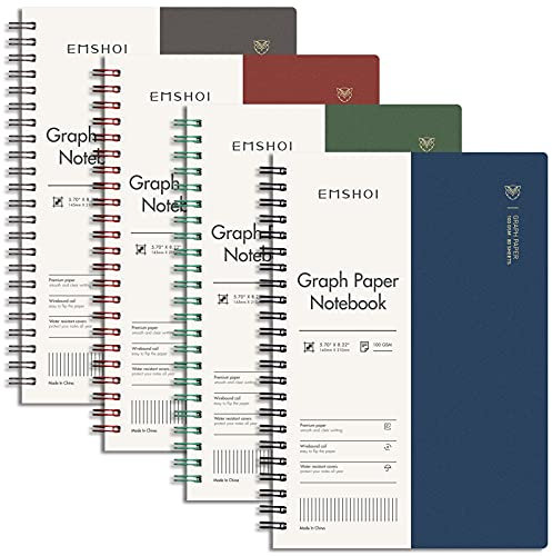EMSHOI A5-Notizbuch, Millimeterpapier, 4 Stück, 640 Seiten, spiralförmig, kariert, 100 g/m² dickes Rasterpapier, Kunststoff-Hardcover-Tagebücher zum Schreiben, Ingenieurwesen, Grafiken, Arbeit,