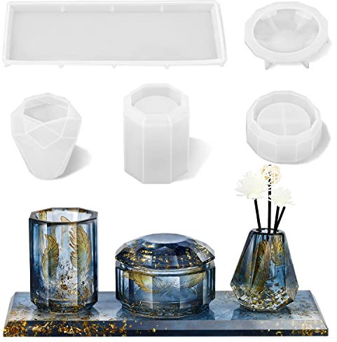 ISSEVE 4Pcs Resin Molds for Bathroom Accessories Set, Silicone Molds for Resin Casting - Toothbrush Holder Cup & Diffuser Bottle Mold, Tray & Jar Mold with Lid Kit for Countertop Vanity Organizer