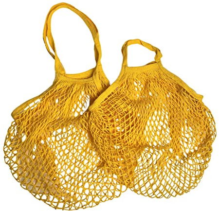 Modo Wiederverwendbare (2 Stück) Einkaufstaschen aus Baumwollnetz, 1 kurze und 1 lange Tasche, Mehrzweck-Spielzeug-Aufbewahrung (gelb)