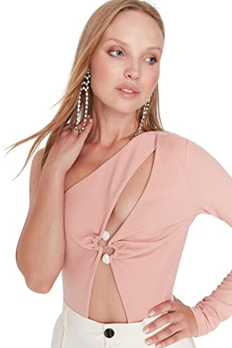 Trendyol Body Moulant en Tricot à col asymétrique pour Femme Chemise, Poudre, 66