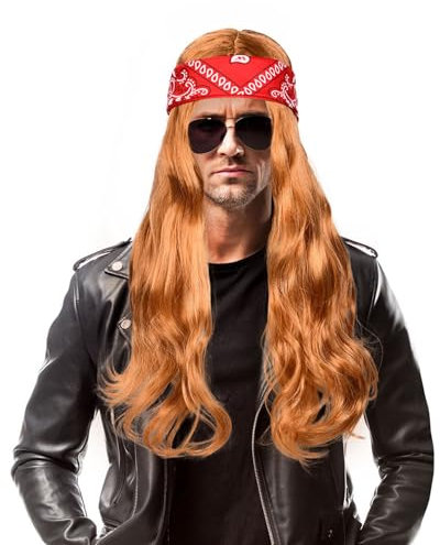 Aomig Rocker Schwermetall Punker Kostüm Zubehör, Punk Gothic Rocker Kit mit Perücke Bandanas Nylon Wig Cap, Disco Rockstar Locken Perücke, 70er 80er 90er Jahre Jahre Accessoires für Männer Frauen
