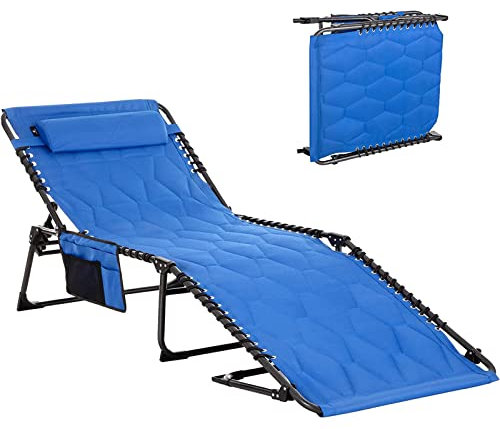ALPHA CAMP Campingliege Faltbar Sonnenliege Klappbar Dreibeinliege Gepolstert Feldbett XXL mit bequemen Kopfkissen und breite Liegefläche von 200x68x38cm bis 180KG, 4-Fach verstellbar(Blau)