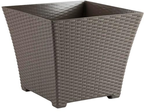 Acan Tradineur - Maceta Rattan Cuadrada de Plástico - Fabricado en España - Ideal para Plantas, hogar, jardín y terrazas - 30 cm - Color Marrón Topo