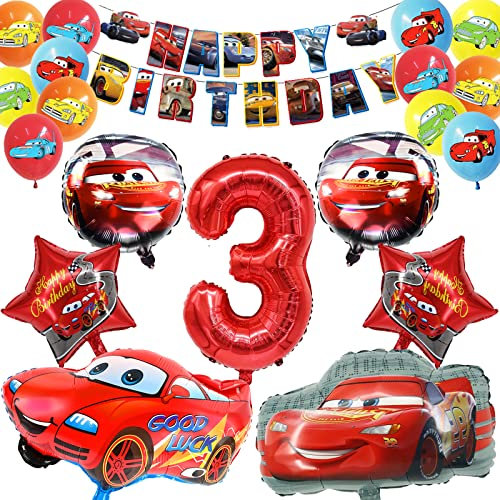 Cars Deko Geburtstag 3 Jahre, 20 Stück Auto Geburtstagsparty Deko, Geburtstagsdeko Auto Jungen 3 jahre, Auto Luftballons Latex Cars Folienballon Happy Birthday Banner für Kindergeburtstag Deko