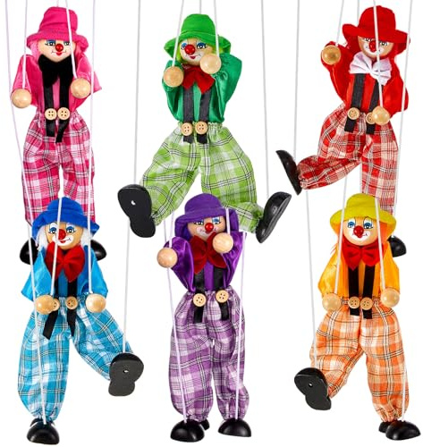 Meooeck 6 Pack Wooden Marionette Puppets Pull String Puppets, Include 6 Colors Clown Marionette String Clown Doll for Birthday Theater Puppetry Party