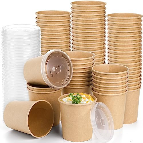 Lyellfe 80 Pack Paper Soup Containers with Lids, 16 Oz Disposable Kraft Paper Food Cups, To Go Take Out Cups for Hot Cold Drinks, Microwavable Freezer Safe