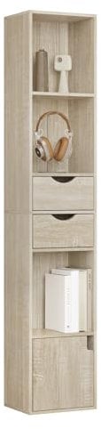 WOLTU Estantería para Libros, Librería Vertical con 3 Compartimentos Abiertos, 2 Cajones y 1 Armario, Libreria de Almacenaje para Oficina, Salón, Dormitorio, Cocina, Roble Claro, 30x24x158cm