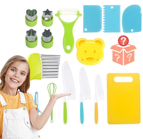 KinMokusei Lot de 17 couteaux de cuisine pour enfants pour couper et cuisiner des fruits ou des légumes pour les tout-petits, avec couteau en bois, planche à découper, éplucheur
