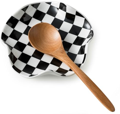 Miamolo Spoon Rest for Stove Top, 5.3in Checkered Spoon Holder Utensil Rest, Ceramic Spoon Rests for Coffee Bar, Kitchen Gadget Cooking Gift for Housewarming