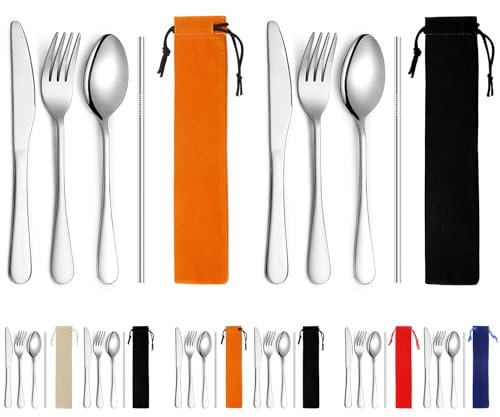 Kyraton Camping Cutlery Set 2 Pack with Portable Base, Stainless Steel Flatware Camping Utensil Set for Outdoor Travel Picnic Office School Farm Work Lunch Box, Dishwasher Safe