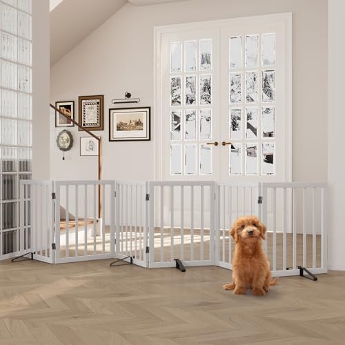 Semiocthome Wood Dog Gates for The House Extra Wide, 6-Panel Freestanding Pet Gates with 4PCS Metal Stands for Doorways and Stairs, 60cm (H) Foldable Dog Fences Indoor, Expands Up to 280cm - White