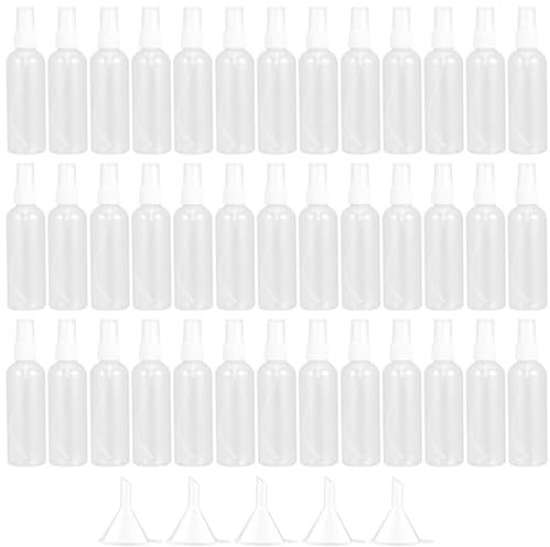 MAHIONG 40 Pack 100ml Spray Bottles with 5 Funnels, Clear Empty Plastic Perfume Atomiser Spray Bottles, Refillable Small Fine Mist Sprayers for Home, Travel, and Beauty Needs