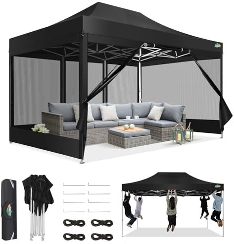 COBIZI Pavillon 3x4,5,Faltpavillon 3x4,5 Wasserdicht Stabil,Pavillon Faltbar Anti-UV mit Mesh-Seitenwände,Pavillion für Camping Events, Partyzelt Gartenzelt mit Tragetasche(3 mal 4,5m Schwarz)