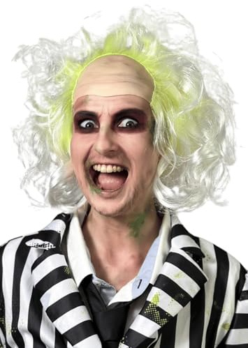 ALLAURA Betelgeuse Green Wig with Bald Cap Clown Short Curly Afro Green Ombre Wavy Party Cosplay Costume Wigs Halloween Men Women ó Compatible with Beetle Juice