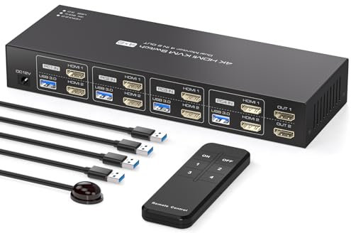 PVBCTCSID KVM Switch 4 PC 2 Monitores HDMI 4K@60Hz Switch KVM 4 Puertos Para 4 Ordenadores Que Comparten 2 Monitores Y 4 Dispositivos USB3.0 Con Cuatro Cables USB Y Mando A Distancia Por Infrarrojos