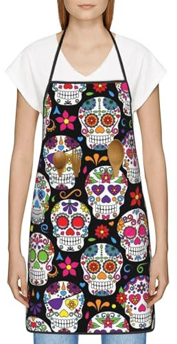 ATOurDealss Delantal unisex con estampado de perro con 2 bolsillos, ajustable, para cocina, restaurante, cafetería, Calaveras de azúcar, Talla única