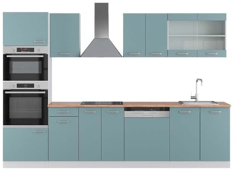 Vicco Mueble de Cocina R-Line, Azul-Gris-Blanco, 300 cm con Armario Alto, ET Roble