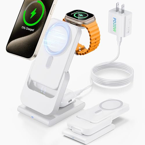 RORRY Station de charge 3 en 1 pour Apple [Banque d'alimentation détachable de 10 000 mAh, pliable] Station de charge sans fil magnétique pour iPhone 15/14/13, Apple