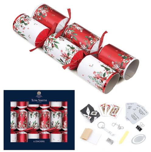 Tom Smith Pack 6 Luxury Mini Charity Christmas Crackers White & Red Holly Ivy Design