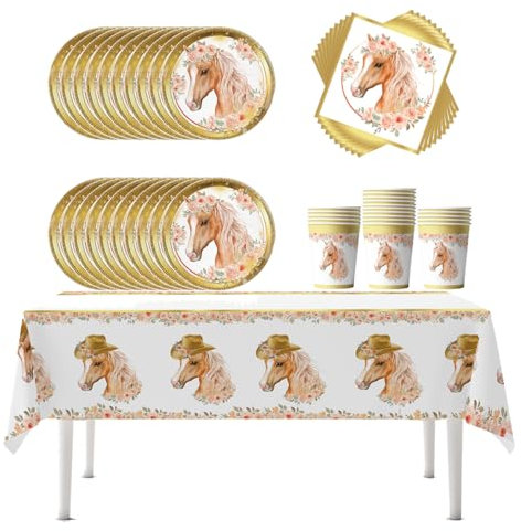 Fuwraixis 61 pièces de vaisselle Western Stallion,Vaisselle pour les courses de chevaux,Vaisselle pour fêtes d'anniversaire d'enfants,Set de couverts pour assiettes en papier,Pour 20 personnes
